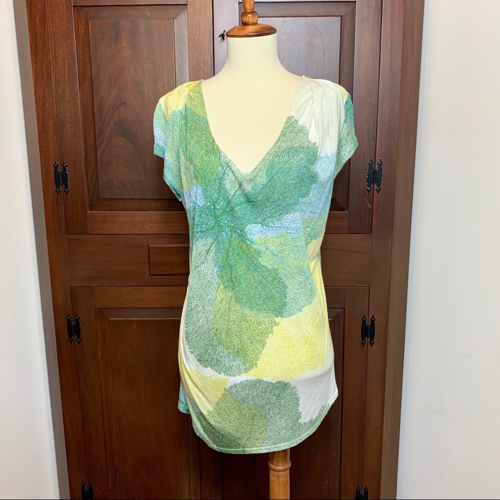 Anthro leaf print green yellow shirt M